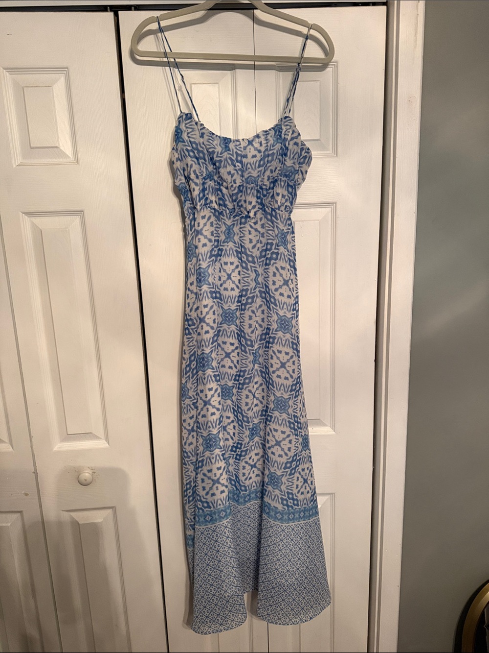 Olivaceous Blue and White Printed Spaghetti-Strap Maxi Dress